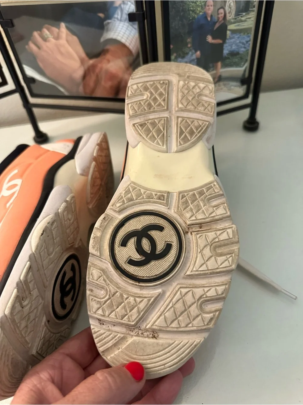 CHANEL Coral/Peach and White CC Logo Lace-Up Sneakers